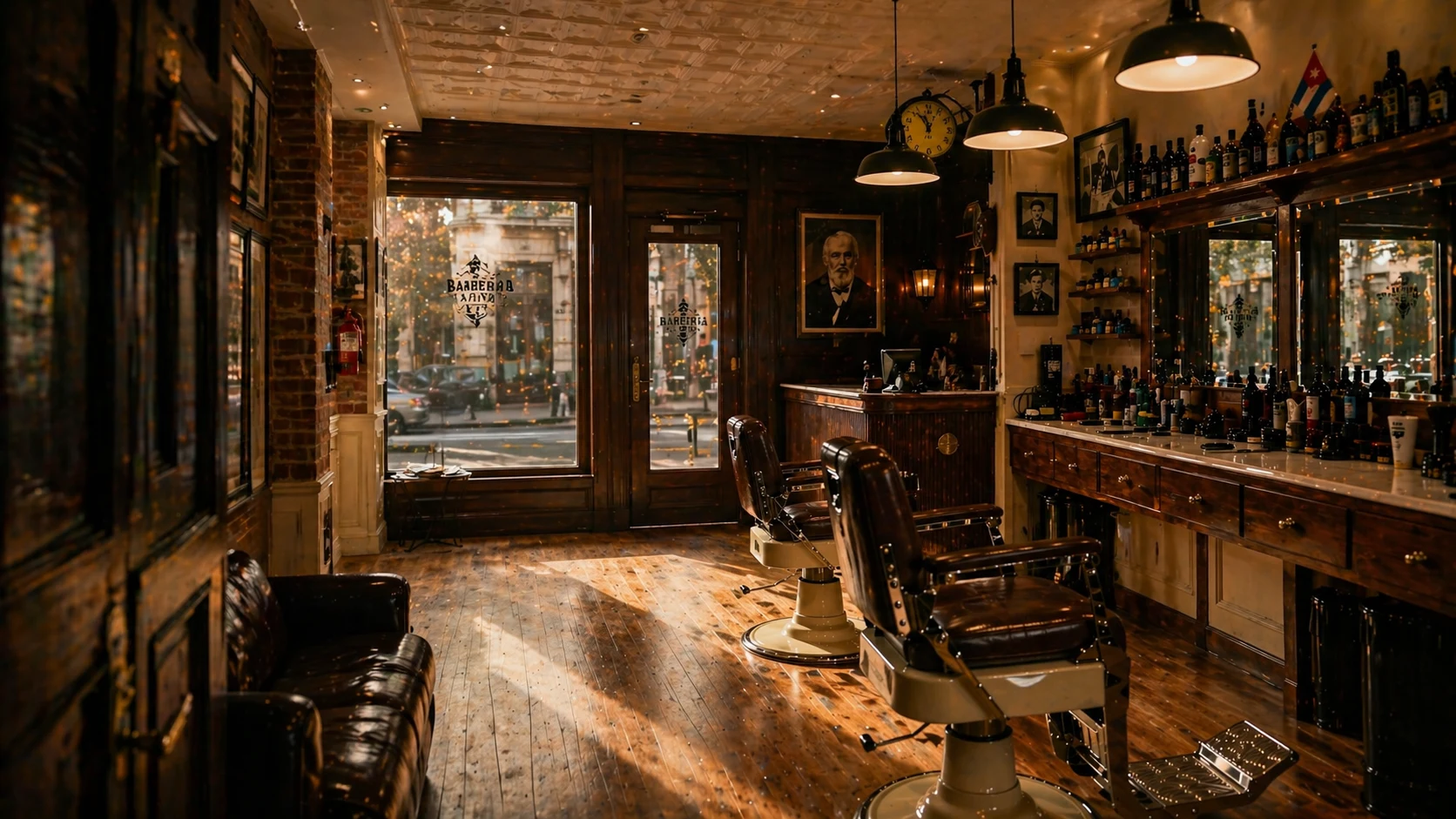 Interior de Barbería Levys en A Coruña: sillones de cuero, espejos antiguos y luz cálida